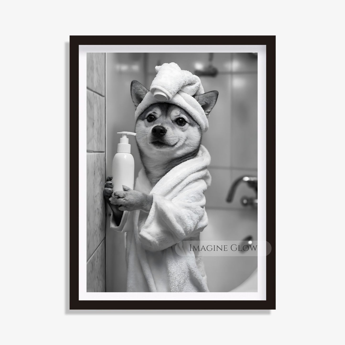 Funny Shiba Inu dog in a bathrobe, black-and-white bathroom art
