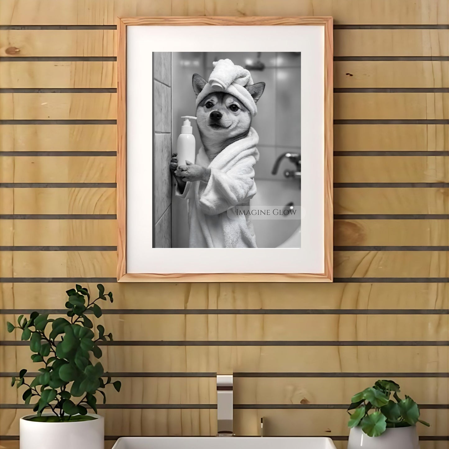 Funny bathroom art with Shiba Inu dog in bathrobe style