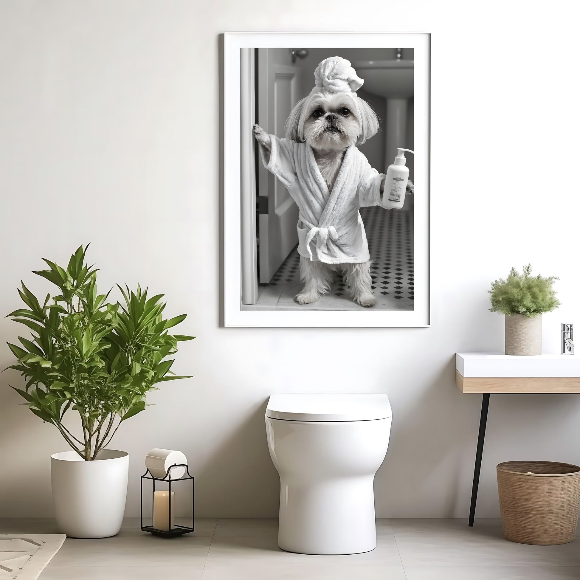 Funny bathroom photo of a Shih Tzu taking a bath in a bathtub.