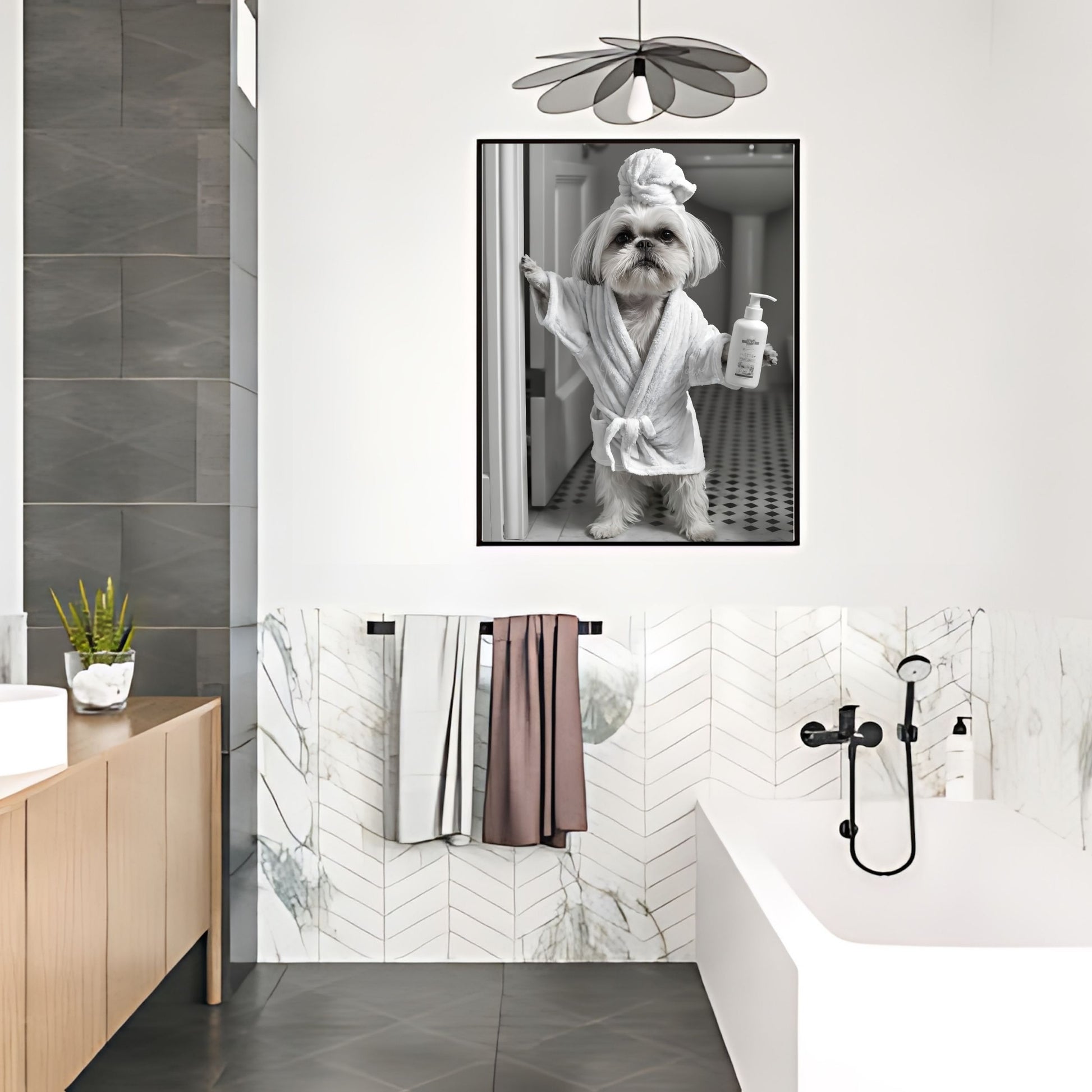 Quirky animal humor with a Shih Tzu wall art for toilet wall decor.