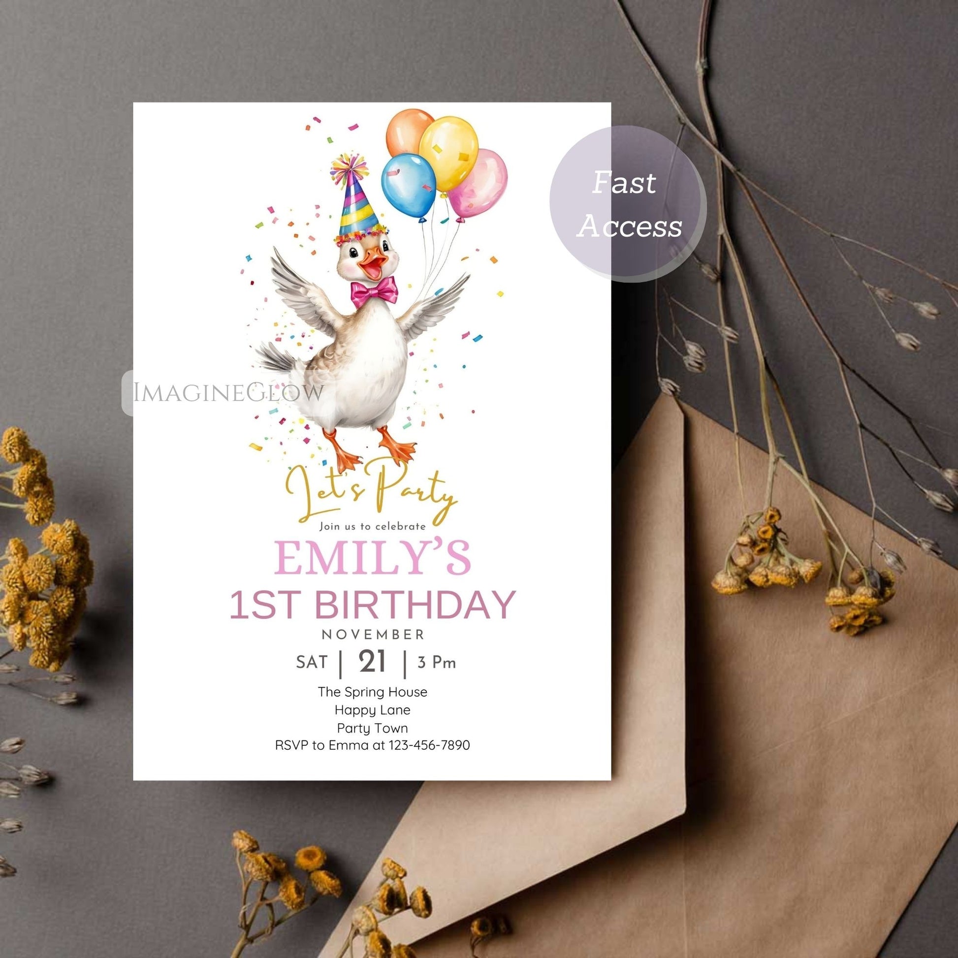 pastel pink goose birthday party invite
countryside birthday invitation for little girl