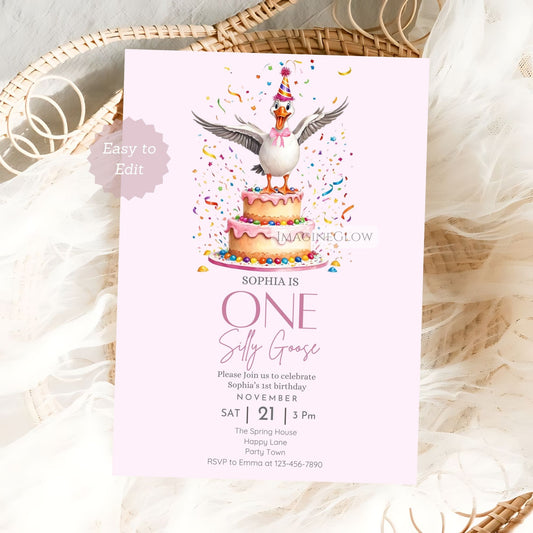 One Silly Goose first birthday invitation for girl Silly Goose theme invitation for baby girl