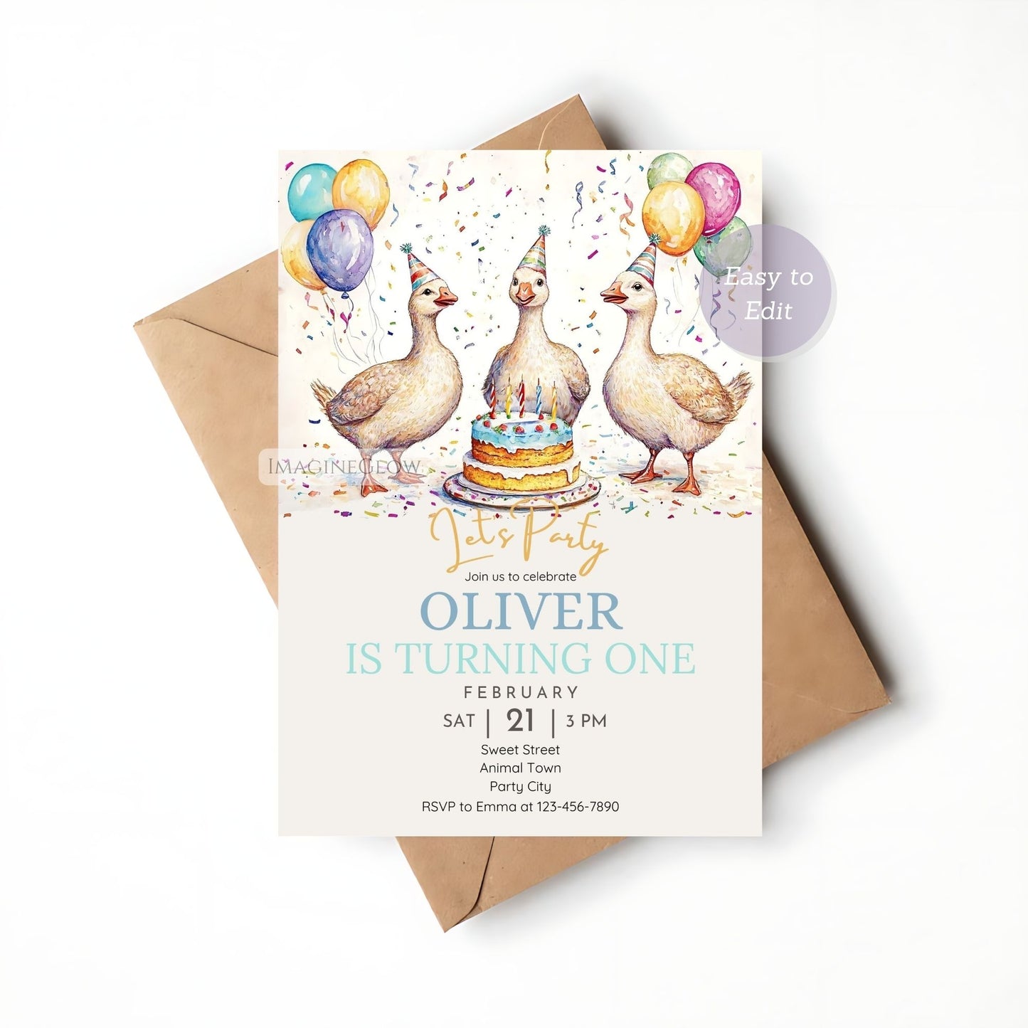 Printable farm animal goose party invitation.