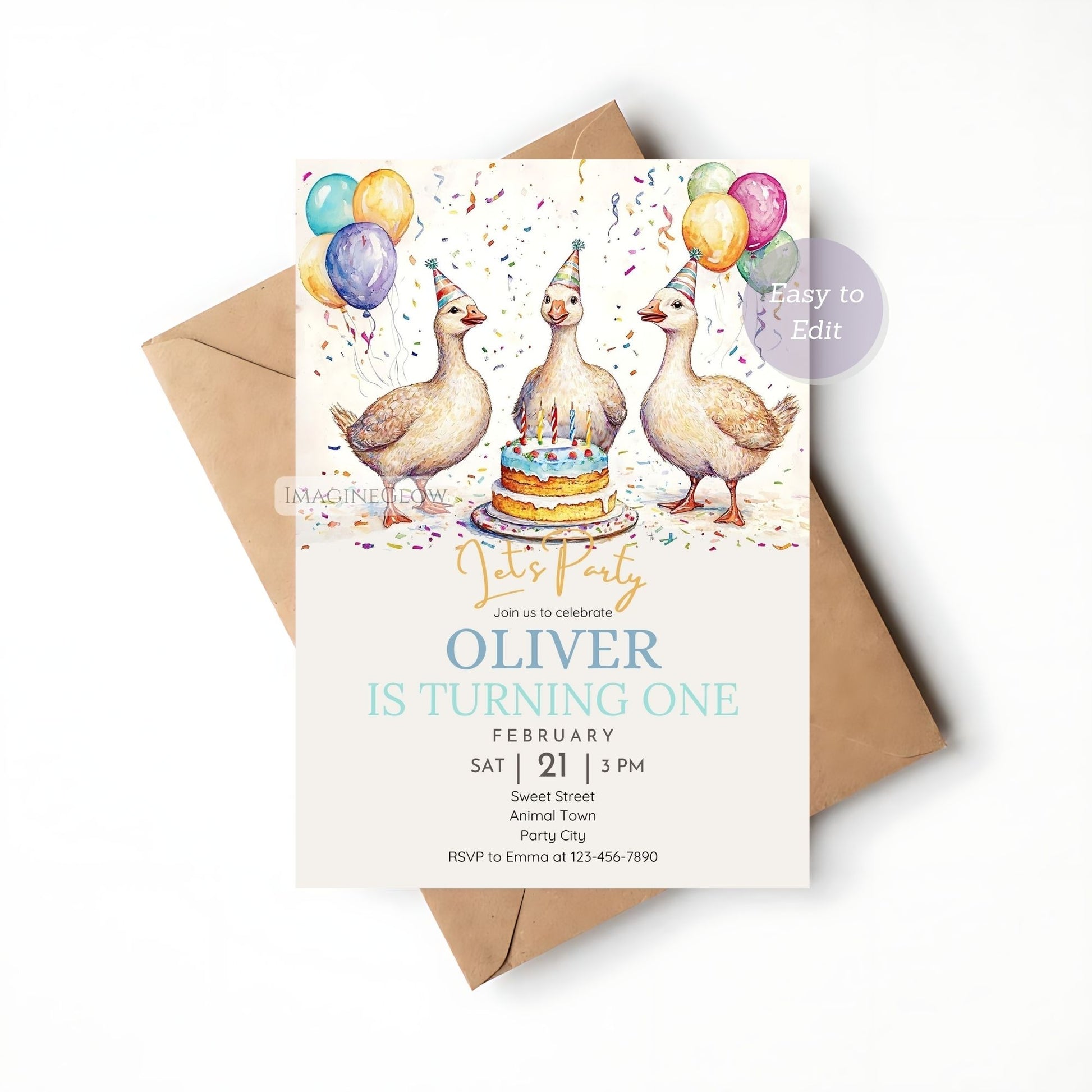 Printable farm animal goose party invitation.