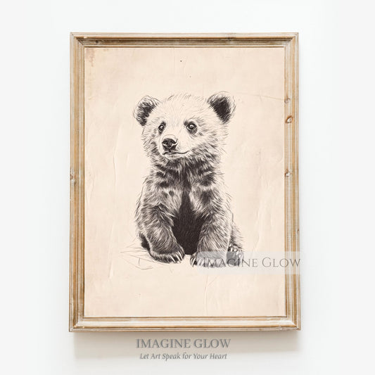 Vintage sketch of woodland baby bear animal print.