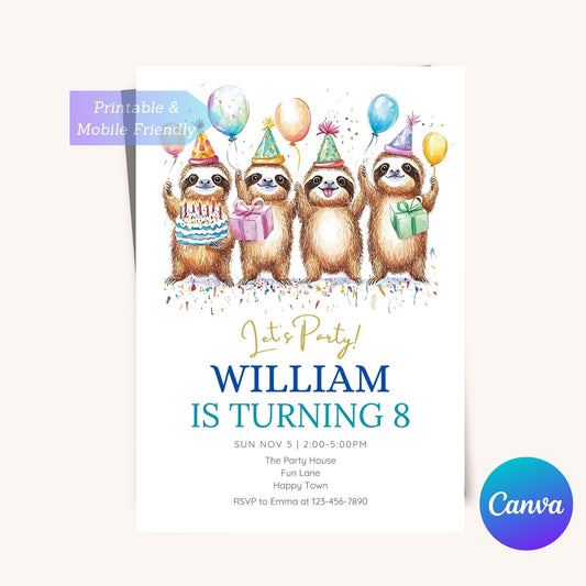 Cute sloth birthday invitation for kids party with jungle theme