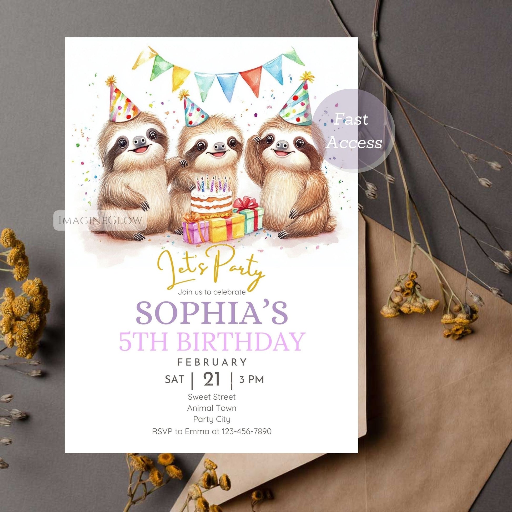 Sloth Birthday Invitation for kids
Jungle animal party invite with a sloth