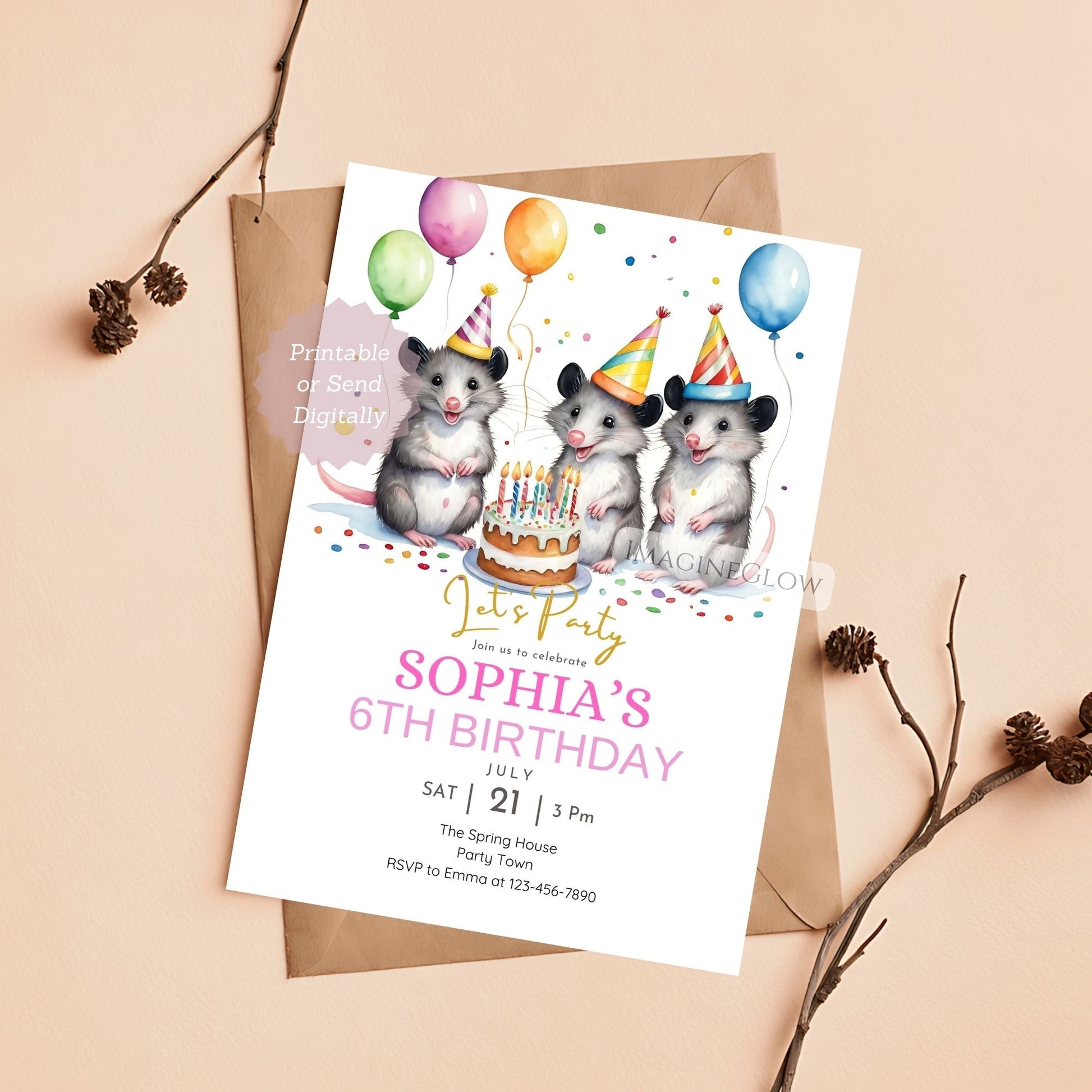Birthday invitation card with three opossums wearing party hats and balloons on a beige background.