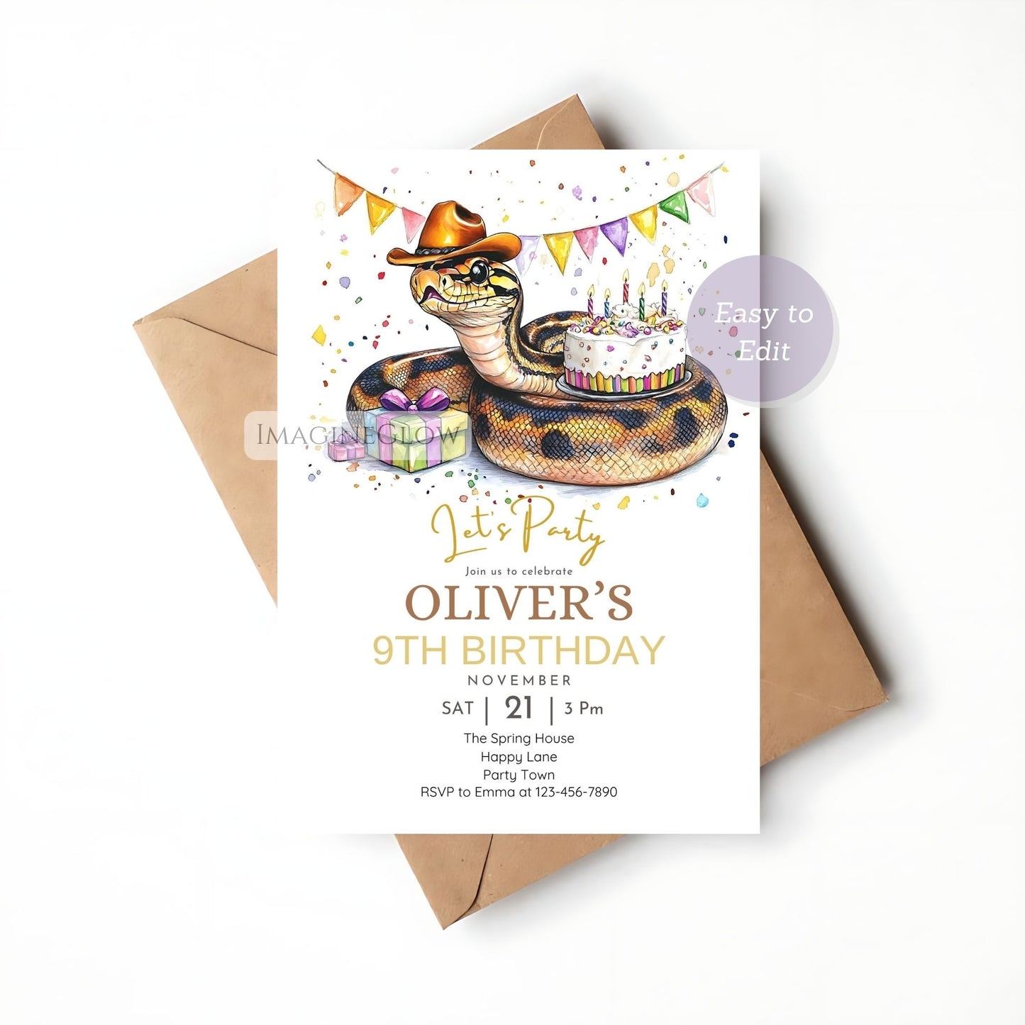 Birthday party invitation with snake and cake design, on a white background.
