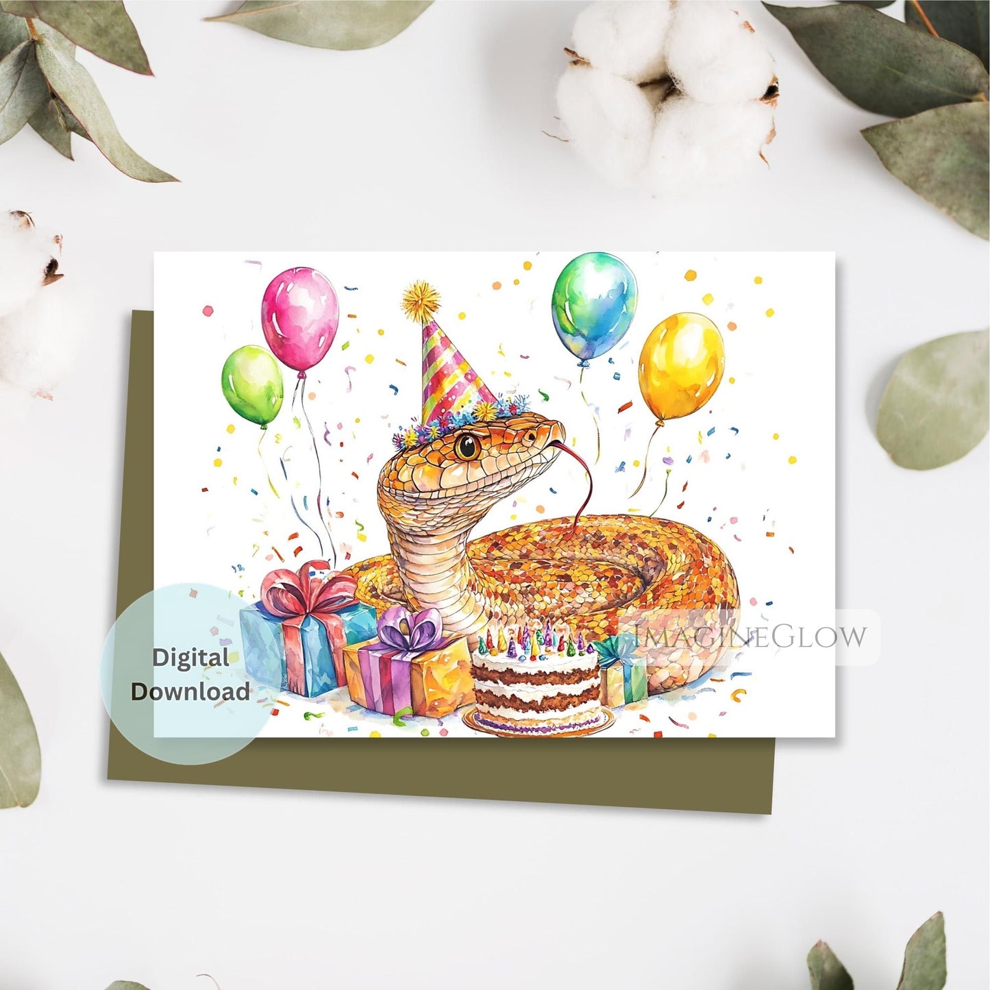 Birthday card with a snake wearing a party hat, balloons, and a cake on a white background.
