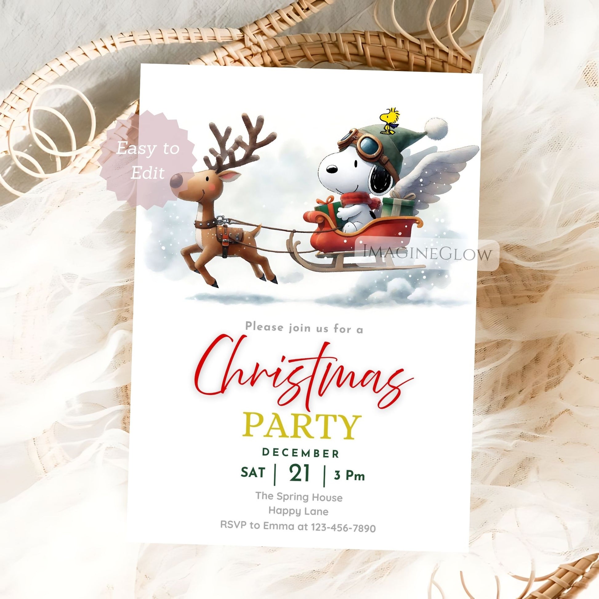 Christmas party invitation with Snoopy and a reindeer on a white background