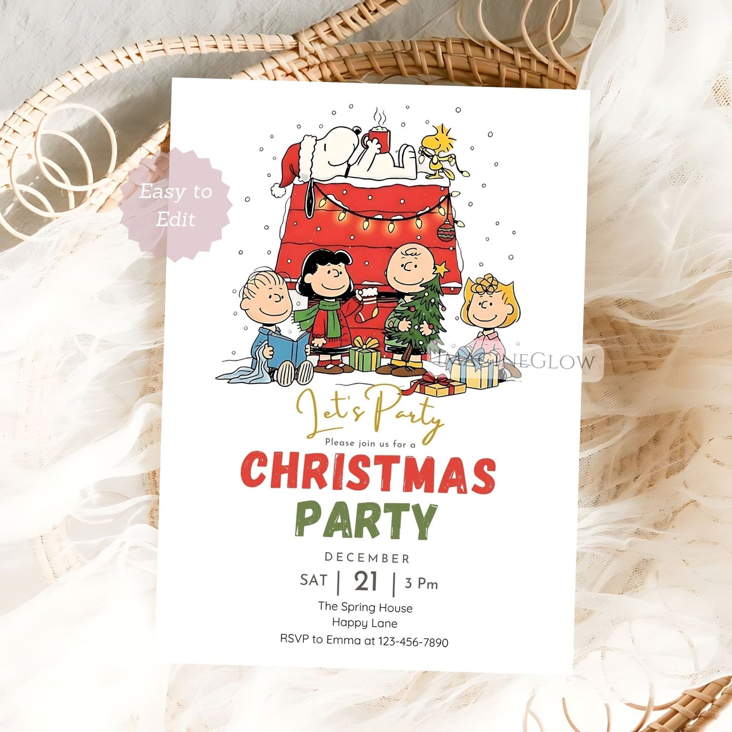 kids christmas birthday invitation snoopy