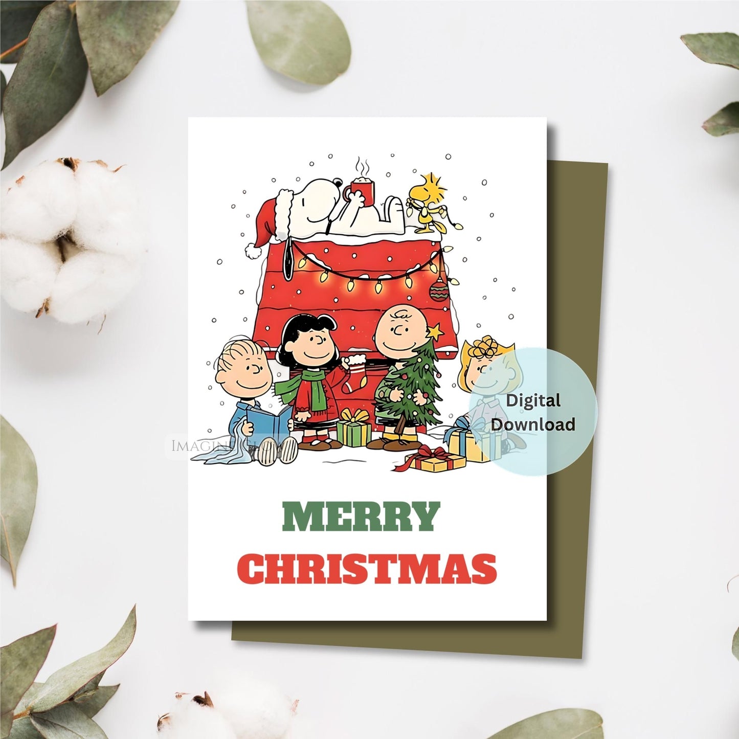Christmas card with cartoon characters around a red house