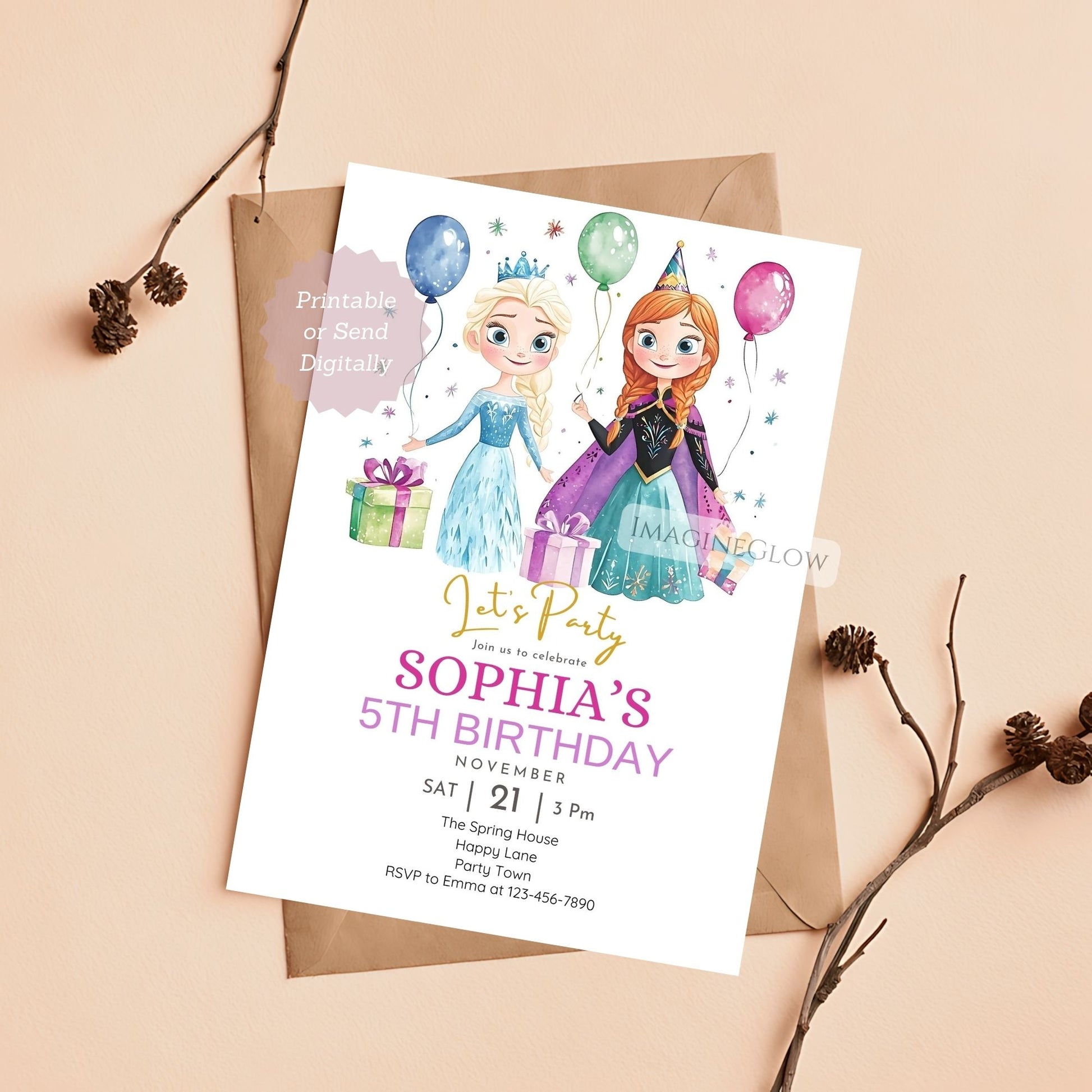 Frozen birthday invitation with Elsa and Anna