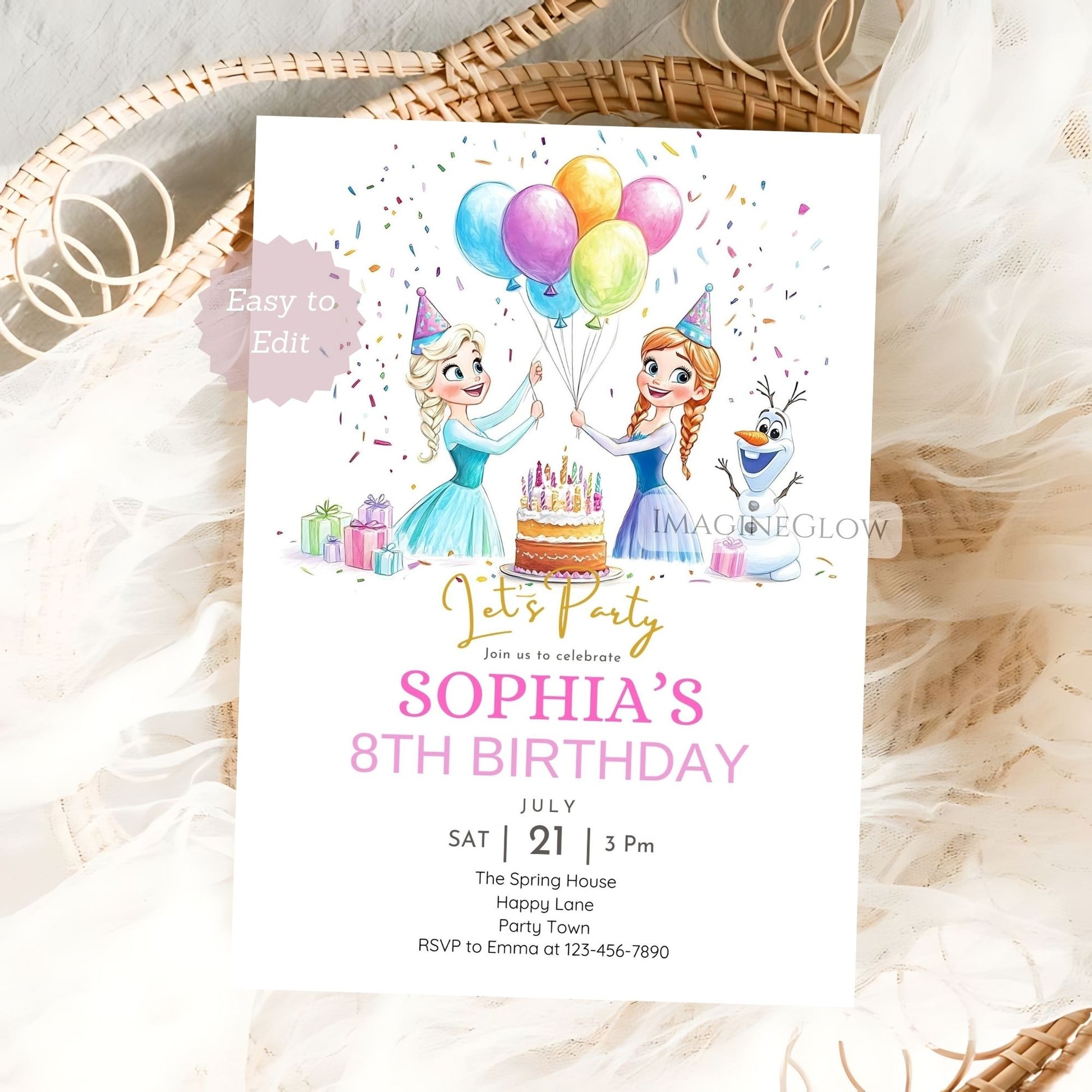 Winter-themed princess party invite featuring Frozen characters