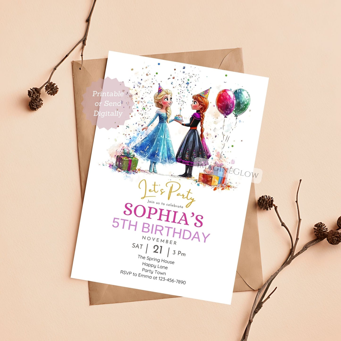 Frozen party invitation for girls
Whimsical Elsa Anna birthday invite