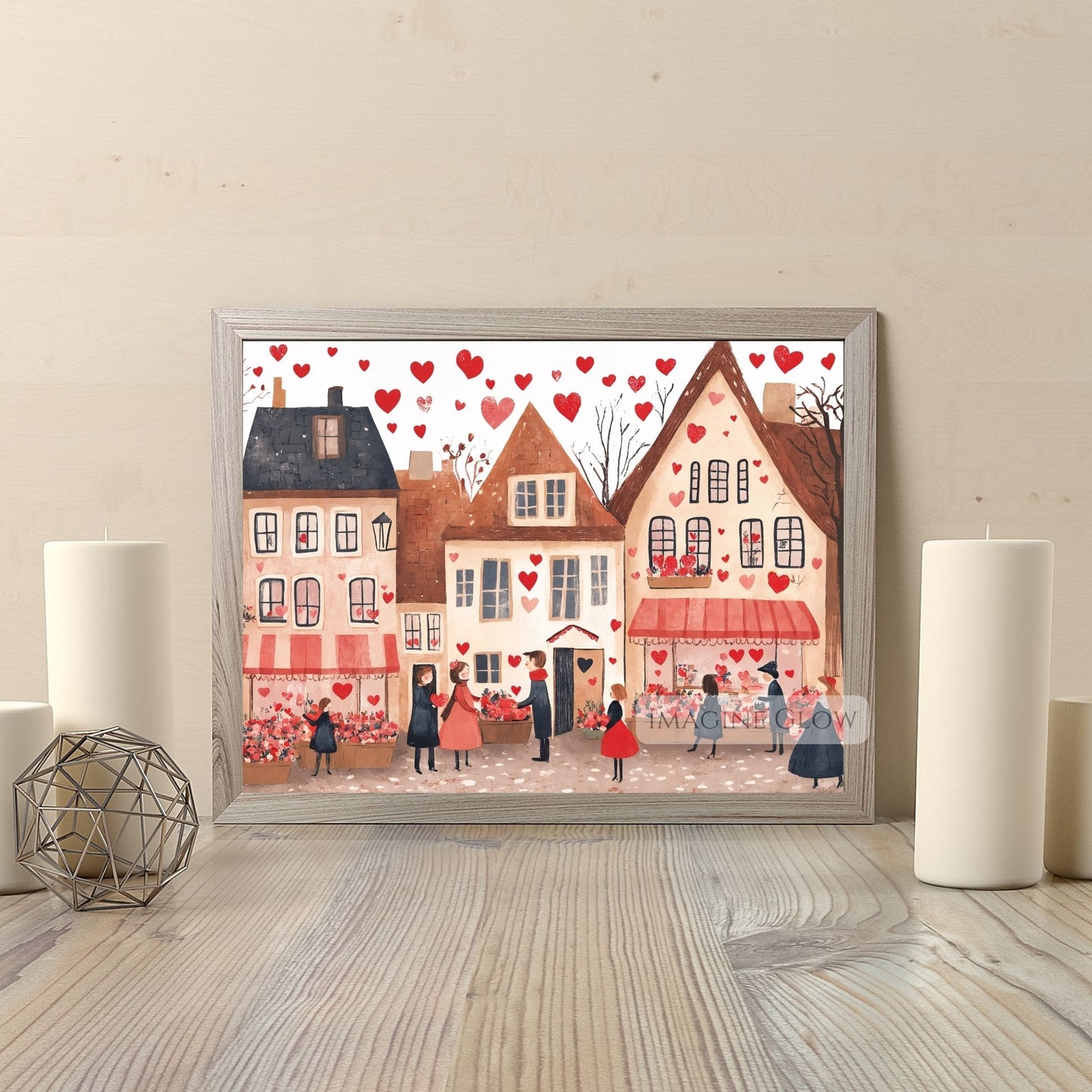 Love-themed decor featuring a charming romantic village scene