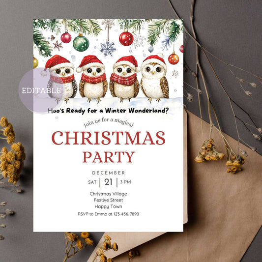 Snowy owls Christmas invite with elegant winter design.
