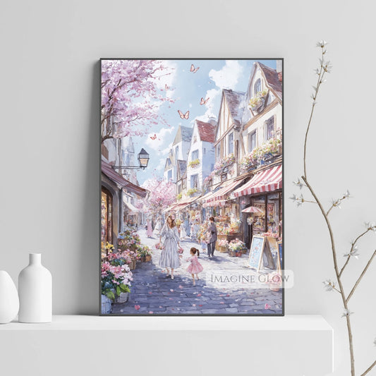 Hand-drawn old town spring illustration with tulips and cherry blossoms.