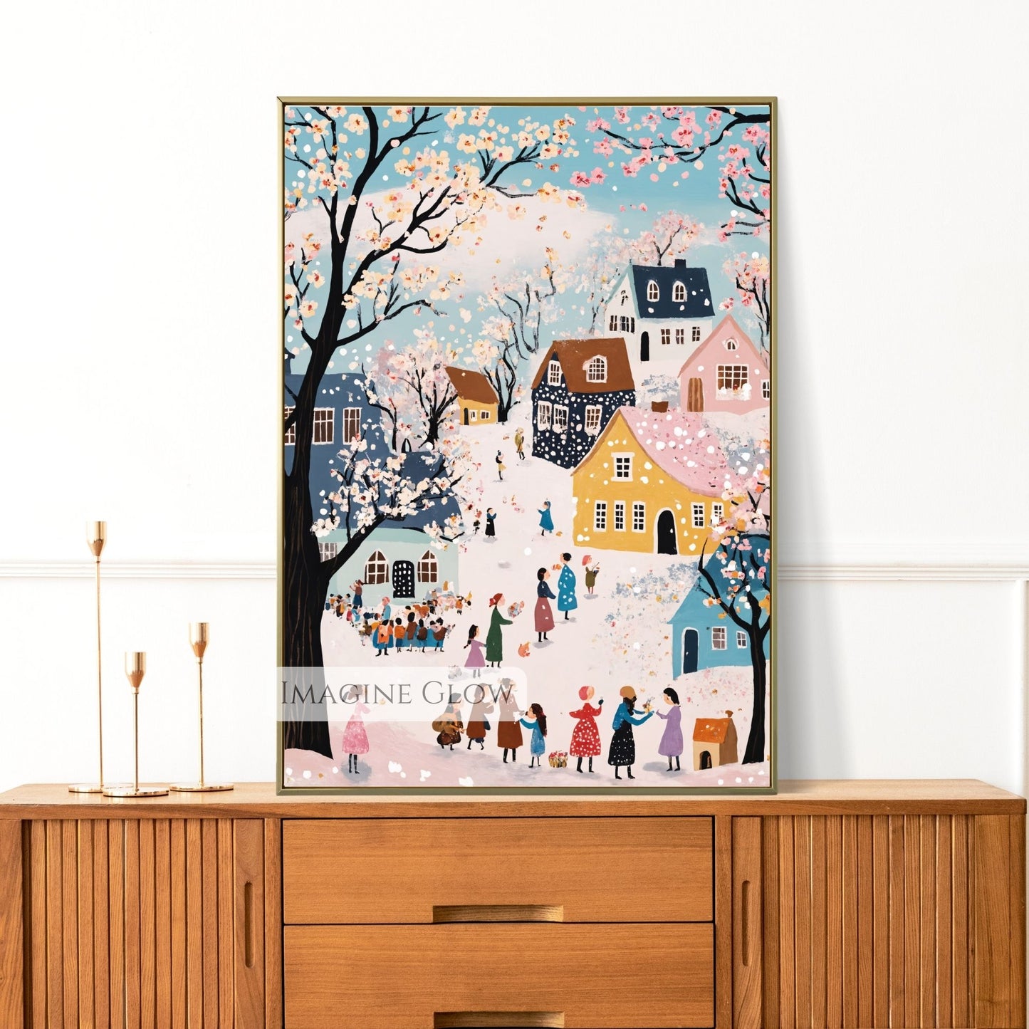 Hand-drawn whimsical village with pastel houses, trees, and spring snow.