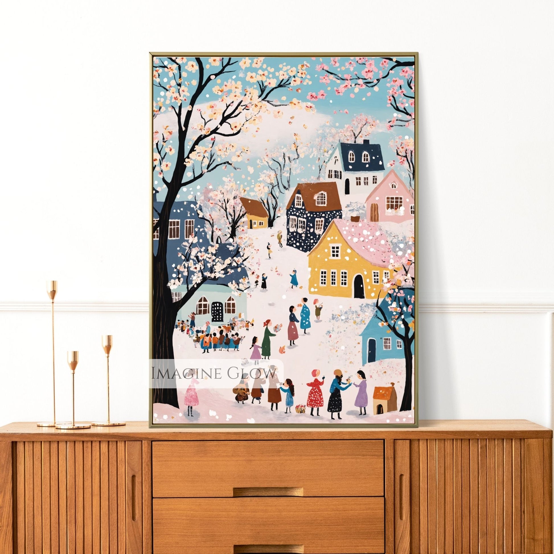 Hand-drawn whimsical village with pastel houses, trees, and spring snow.