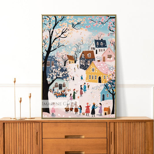 Hand-drawn whimsical village with pastel houses, trees, and spring snow.