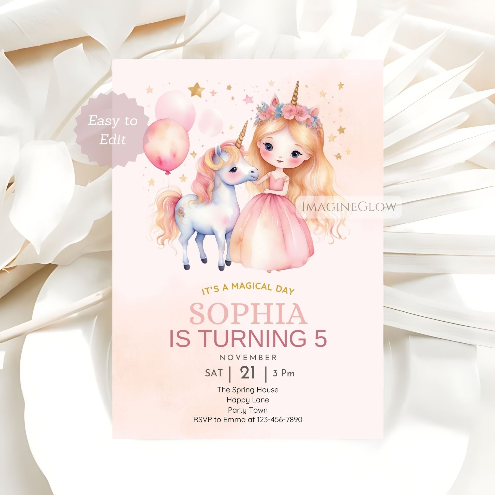 Magical unicorn birthday invitation with colorful balloons