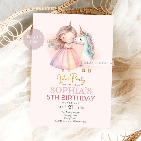 Editable unicorn and princess birthday invitation