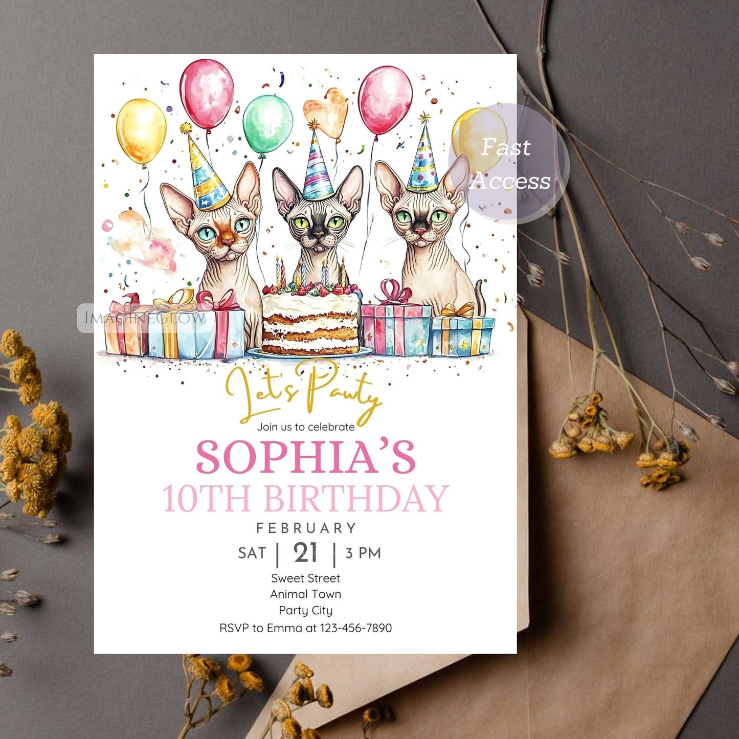 Printable Sphynx kitten party invite.
