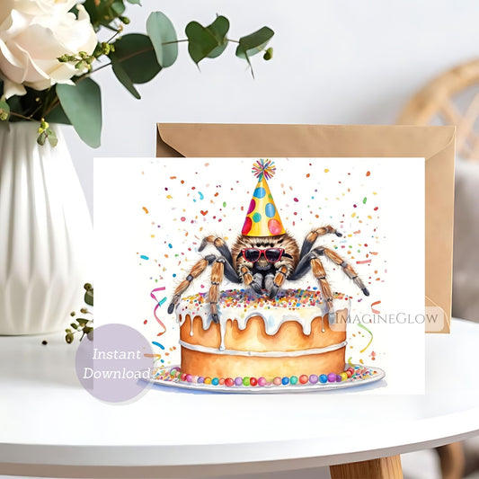 Greeting card with a spider on a birthday cake and party hat