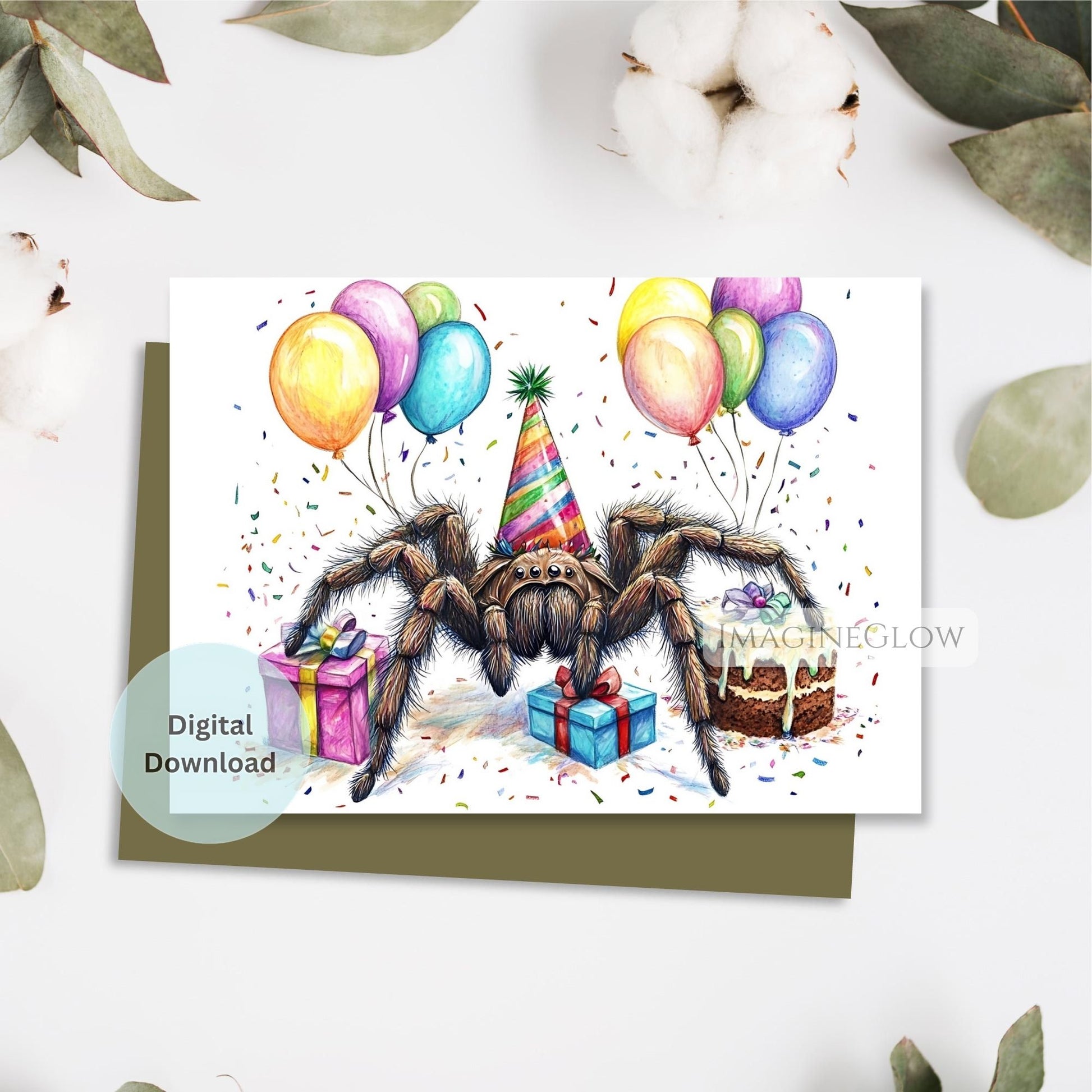 Birthday card with a tarantula wearing a party hat and balloons on a white background.