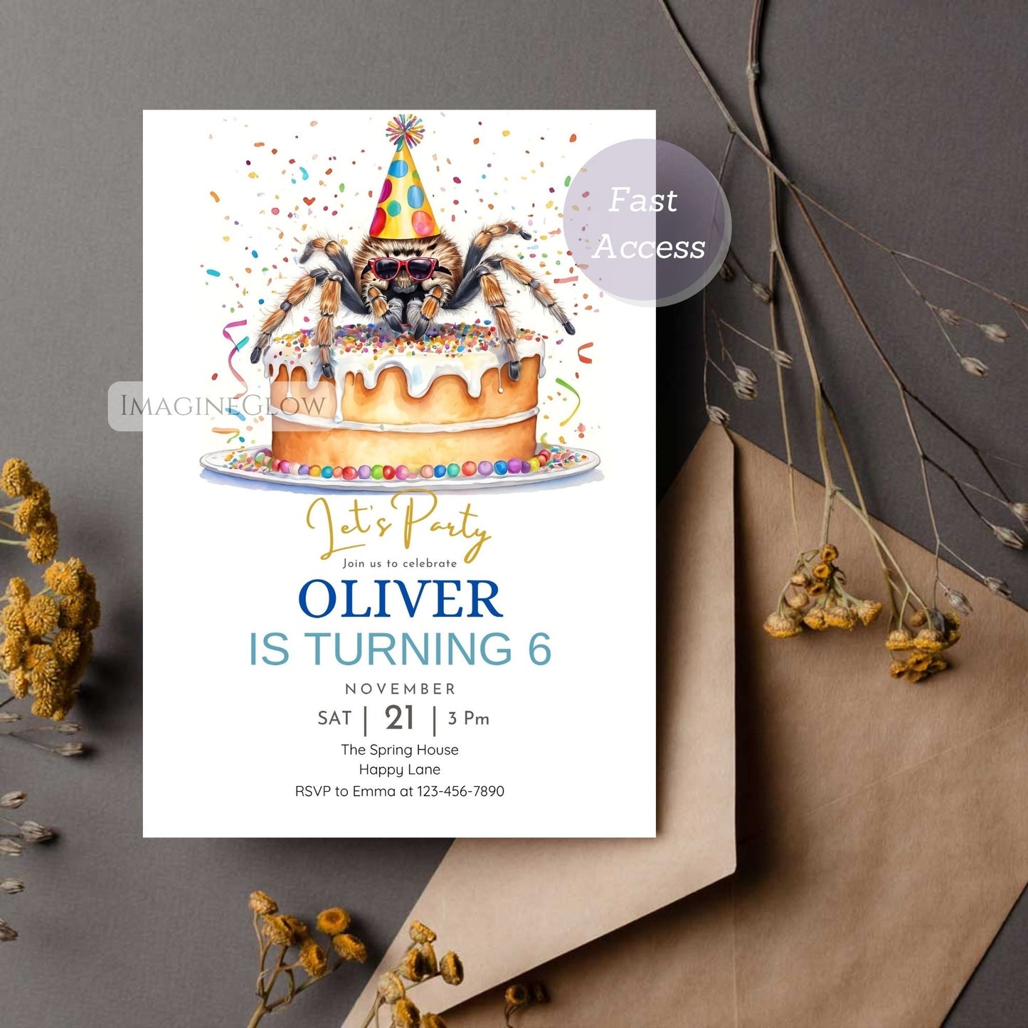 Birthday invitation card with spider on a cake for Oliver's 6th birthday, placed on a textured surface with dried flowers.