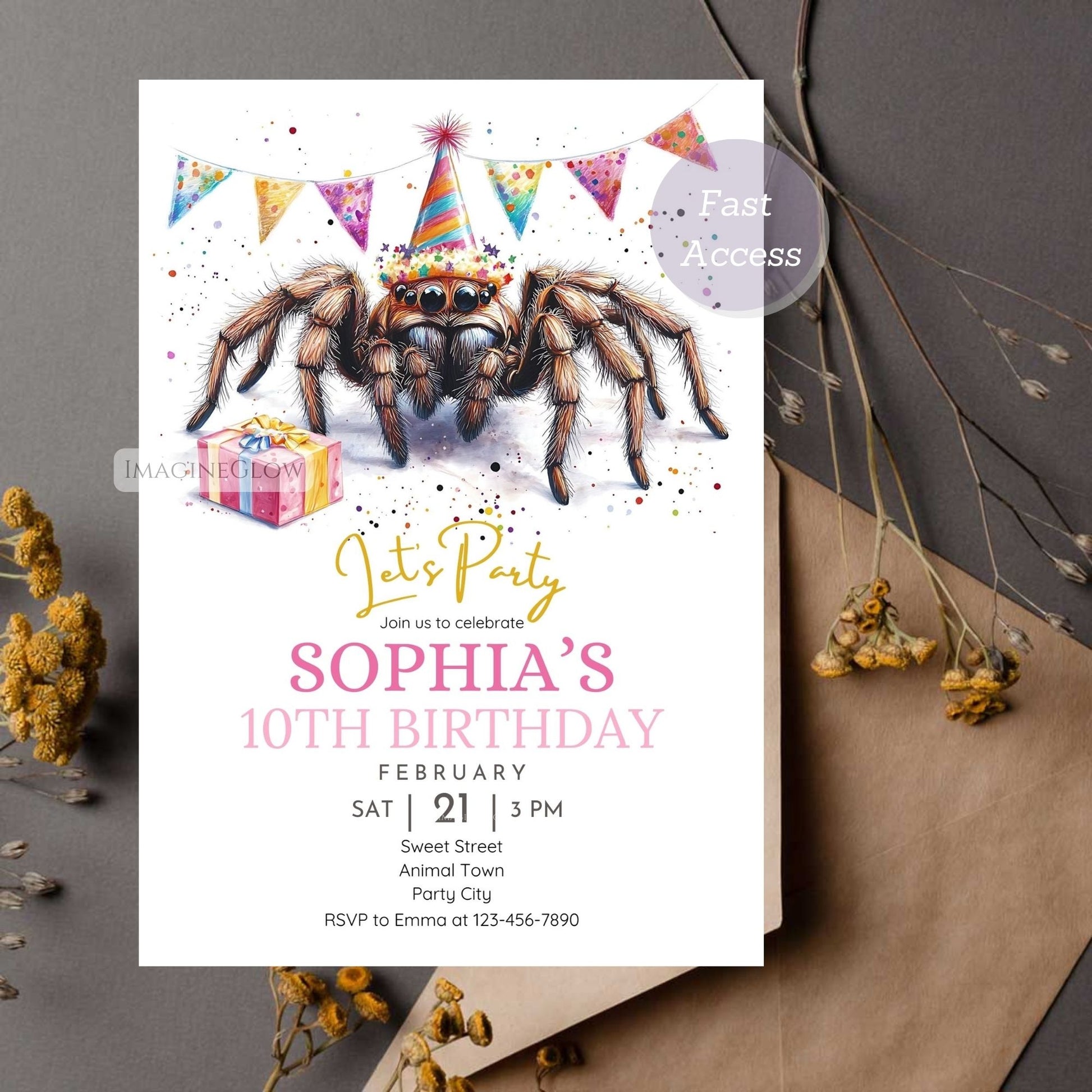 Halloween-style spider birthday invite.