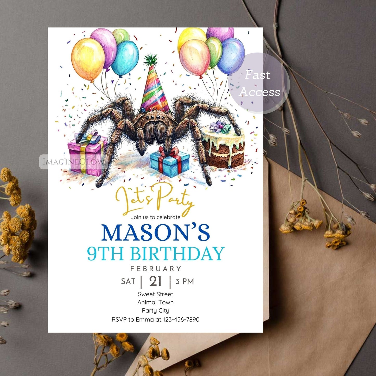 Tarantula Birthday Invitation spooky spider theme.
Creepy crawly spider party invite for kids.
Editable tarantula birthday invitation template.