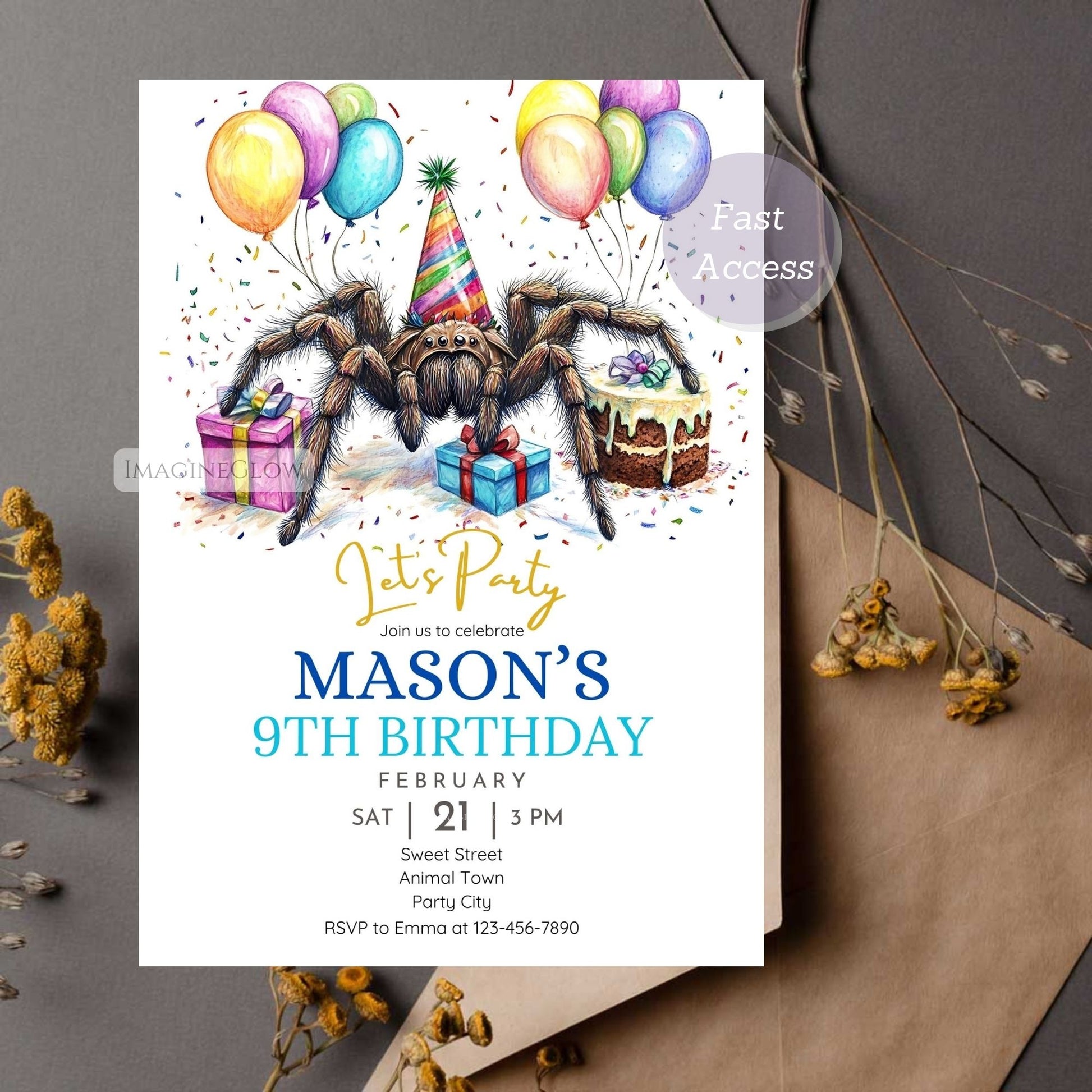 Tarantula Birthday Invitation spooky spider theme.
Creepy crawly spider party invite for kids.
Editable tarantula birthday invitation template.