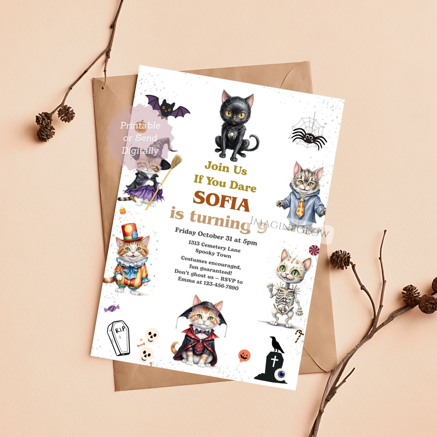 kids halloween birthday invite with kitten