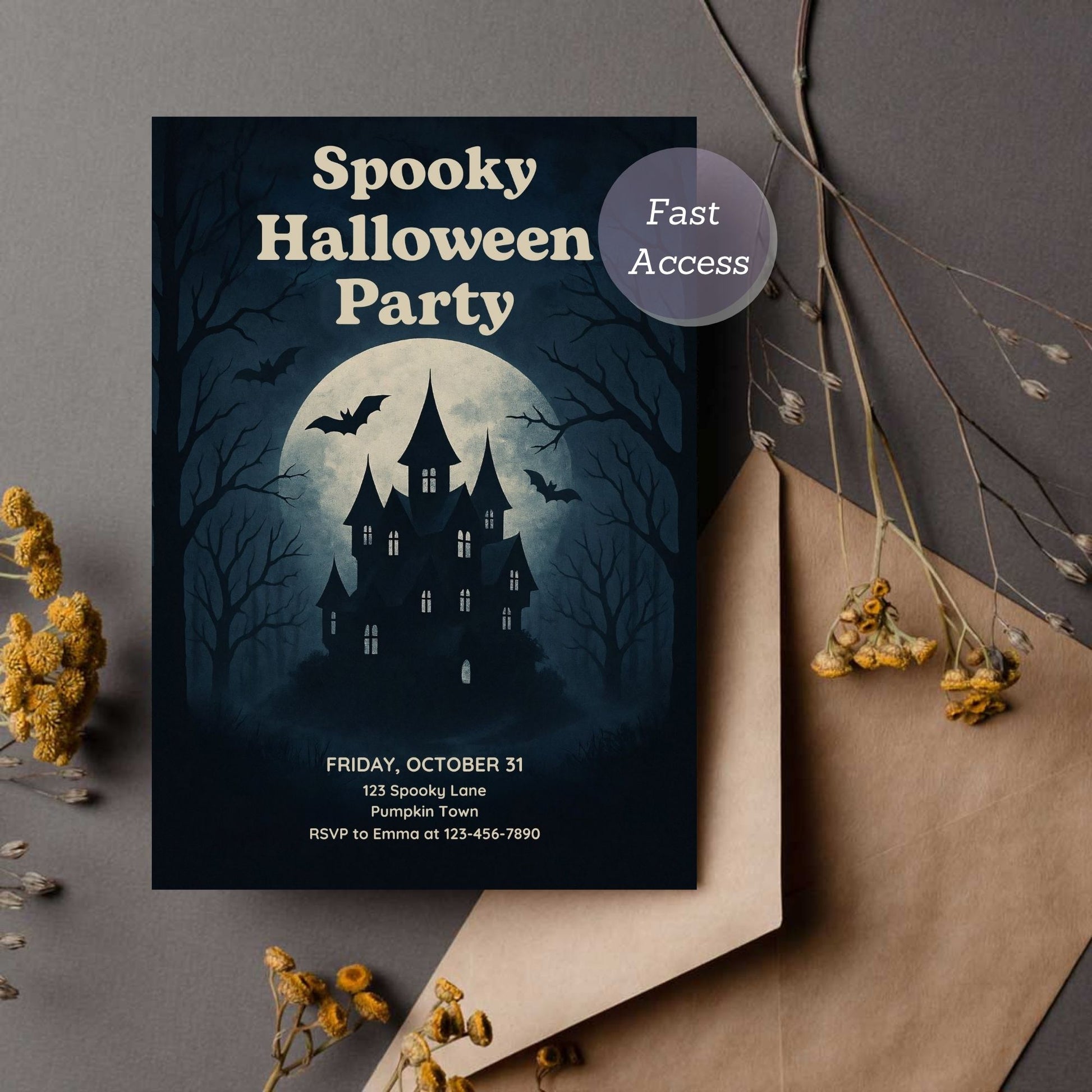 Halloween party invitation with a haunted house design