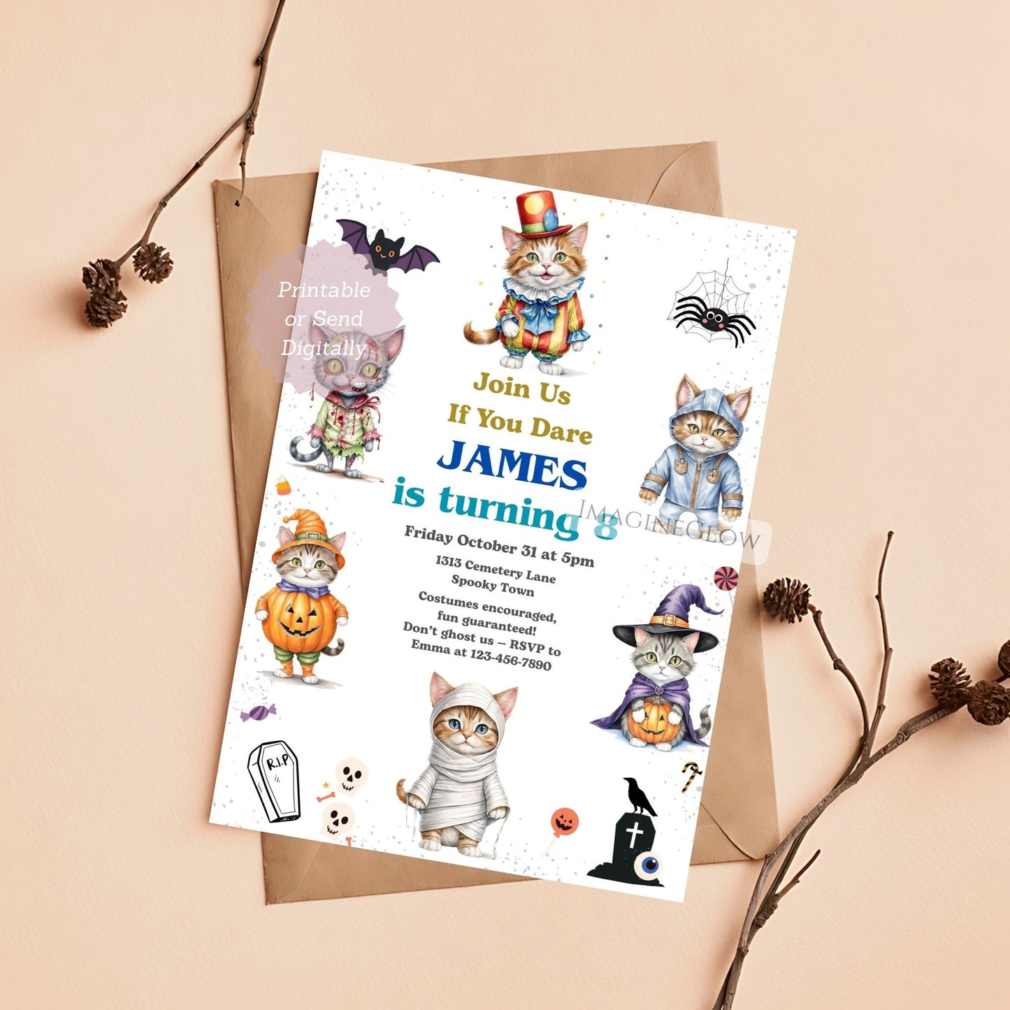 cat theme halloween birthday invitation
printable kitten halloween invitation design