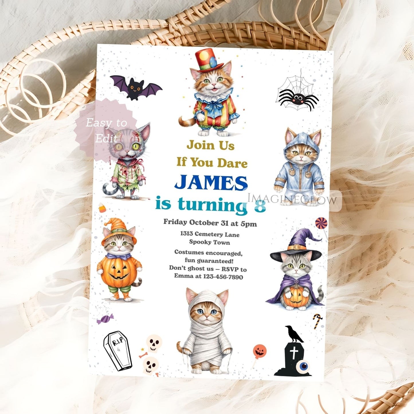 spooky cat kids birthday party invite
kitten halloween birthday evite template