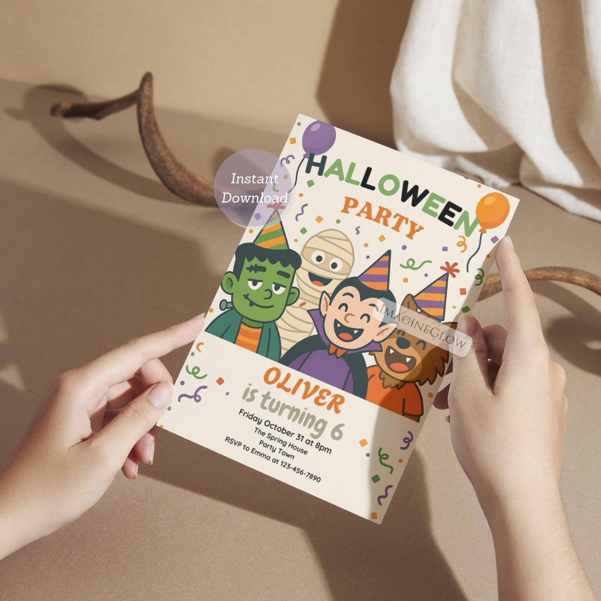 Halloween party invitation with cartoon characters held by hands on a neutral background