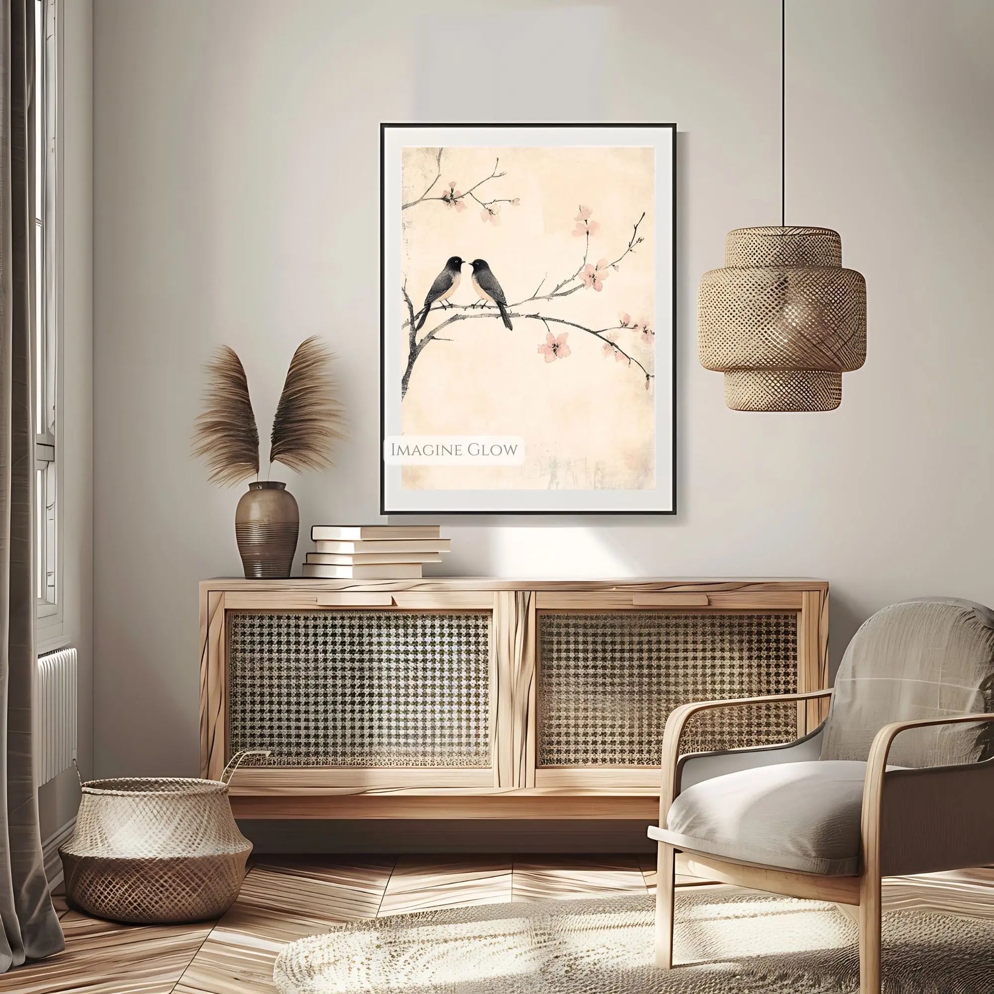 Rustic farmhouse art with two birds perched on a blossoming branch