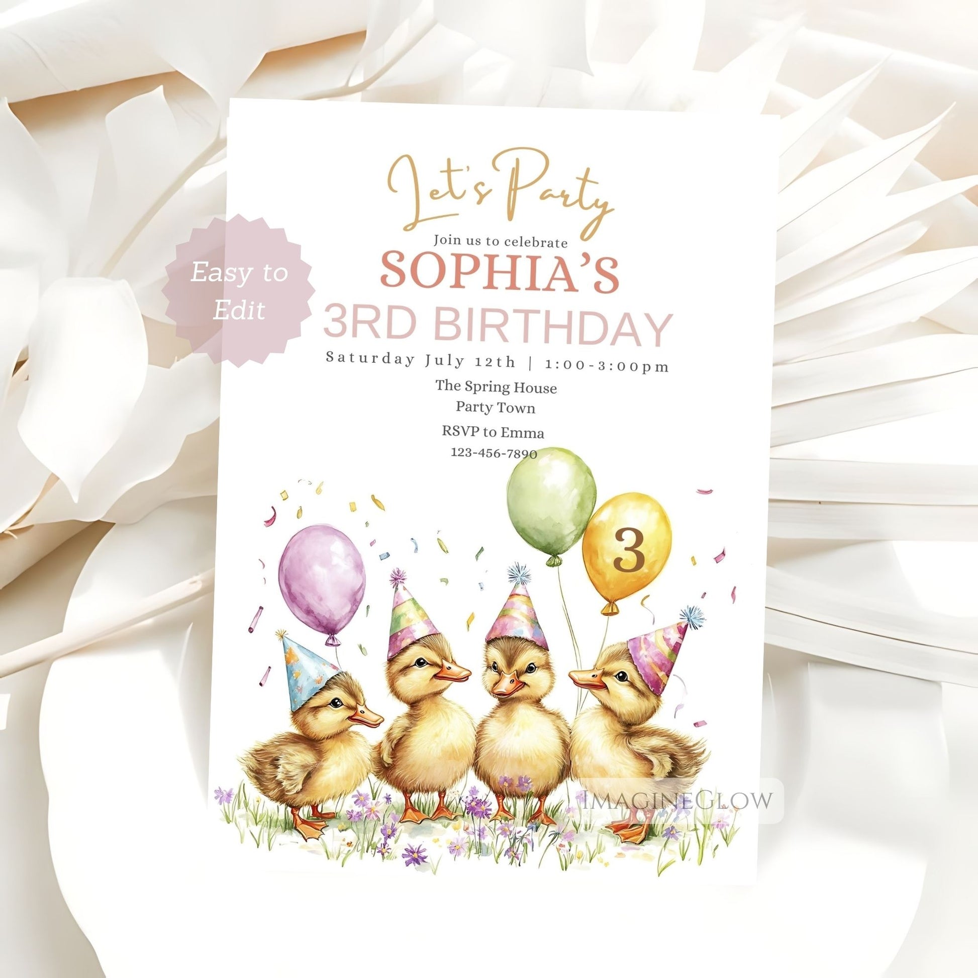 Floral duckling birthday party invitation template