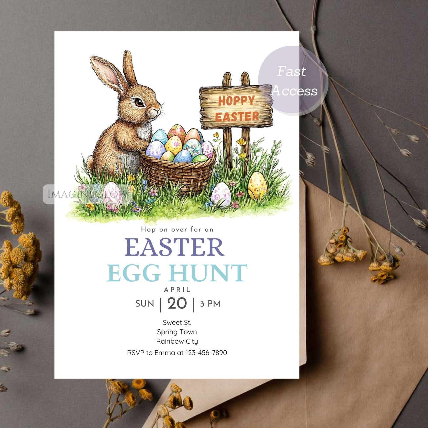 Bunny with Easter Egg Basket Digital Invitation
Printable Easter Bunny Party Invite with Egg Basket