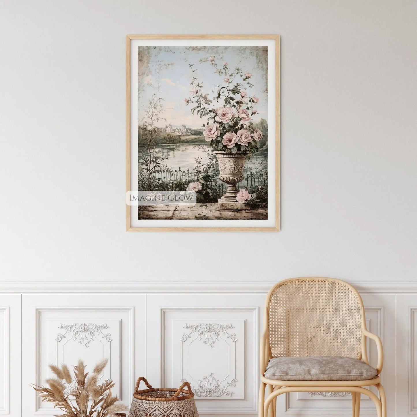 Antique lake and wildflower illustration for wall decor.