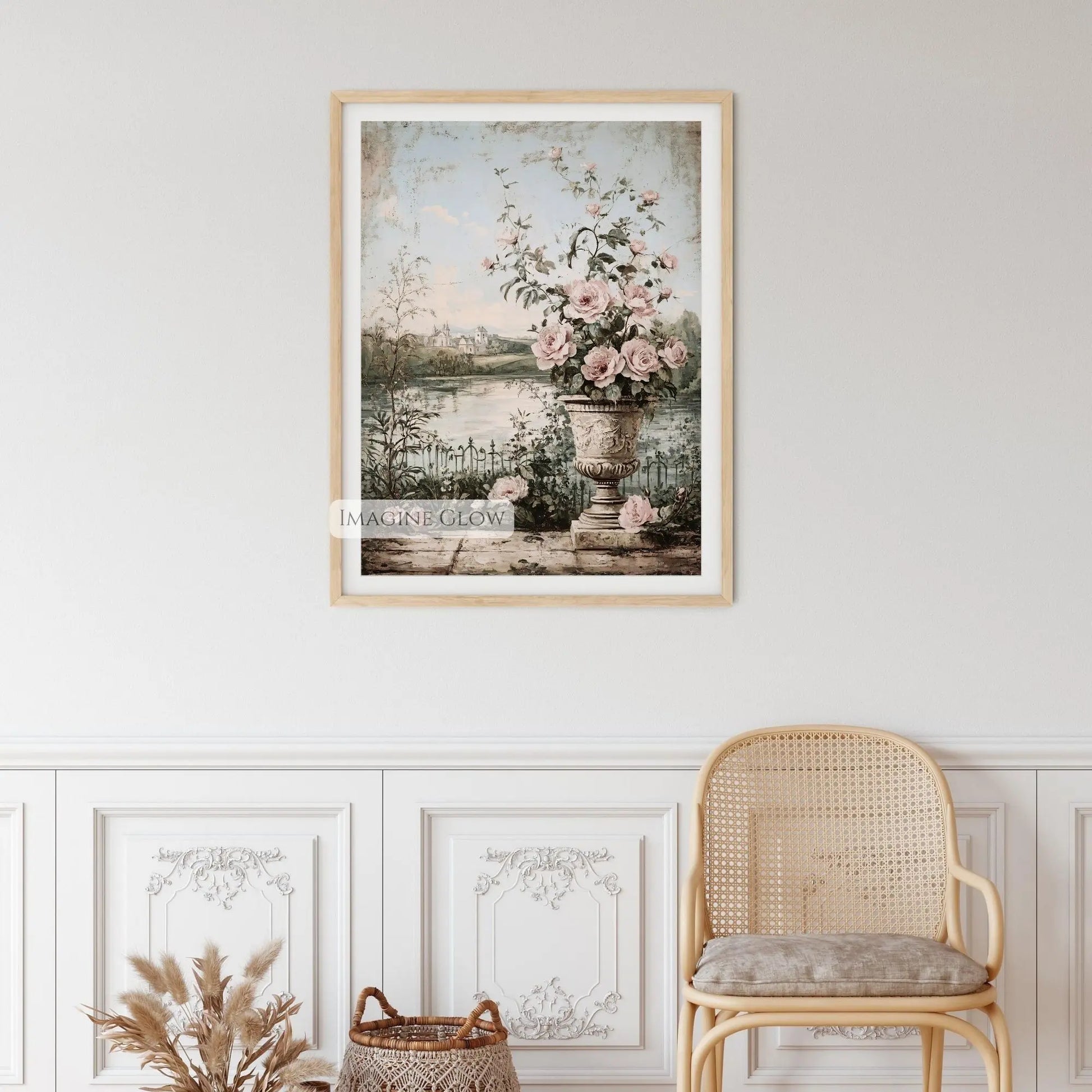 Antique lake and wildflower illustration for wall decor.