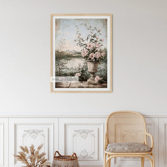 Antique lake and wildflower illustration for wall decor.