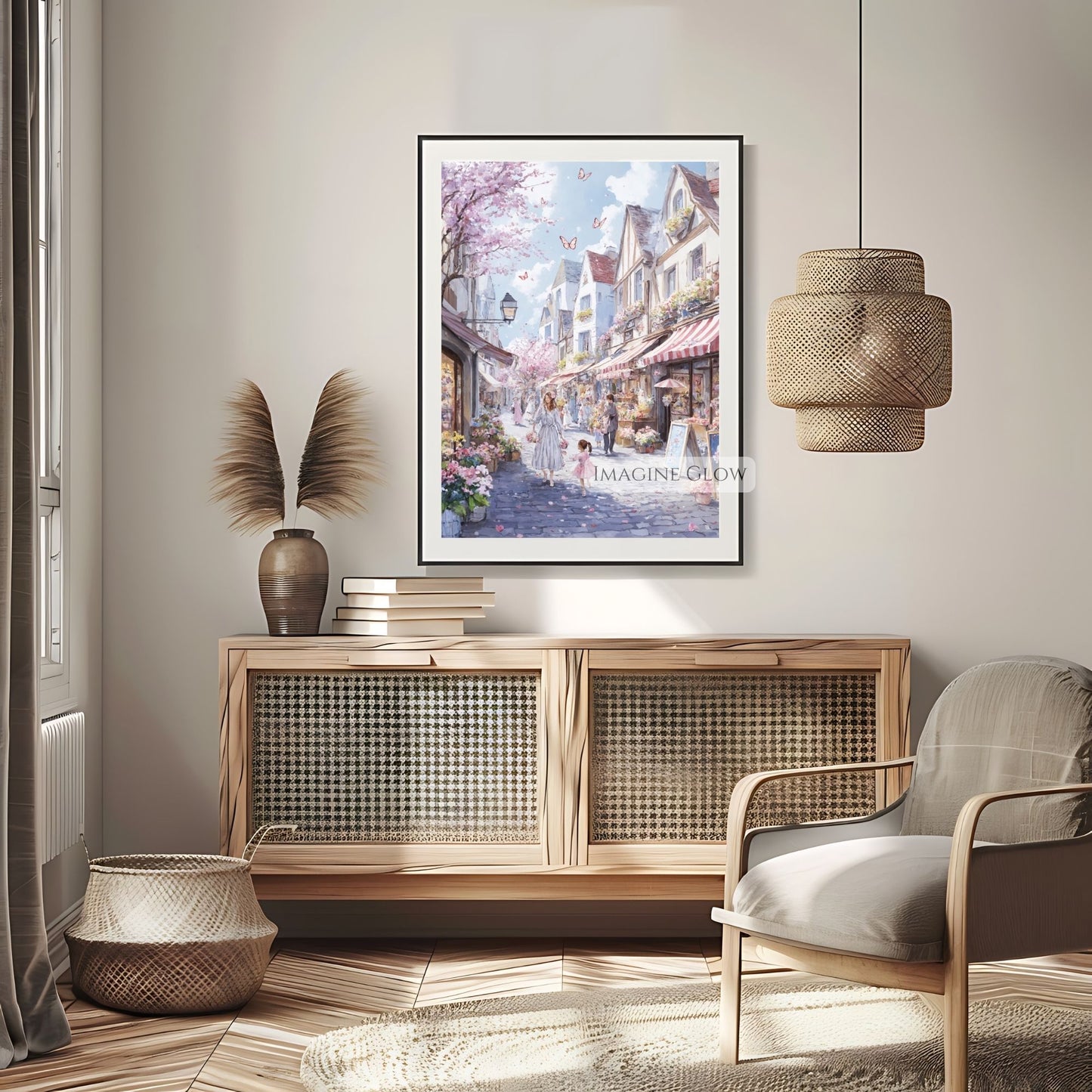 Enchanting spring art featuring tulips and cherry blossoms in a rustic town.