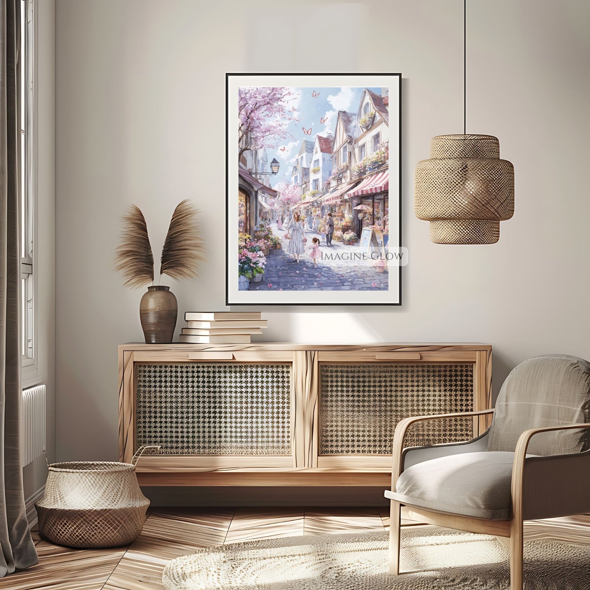 Enchanting spring art featuring tulips and cherry blossoms in a rustic town.