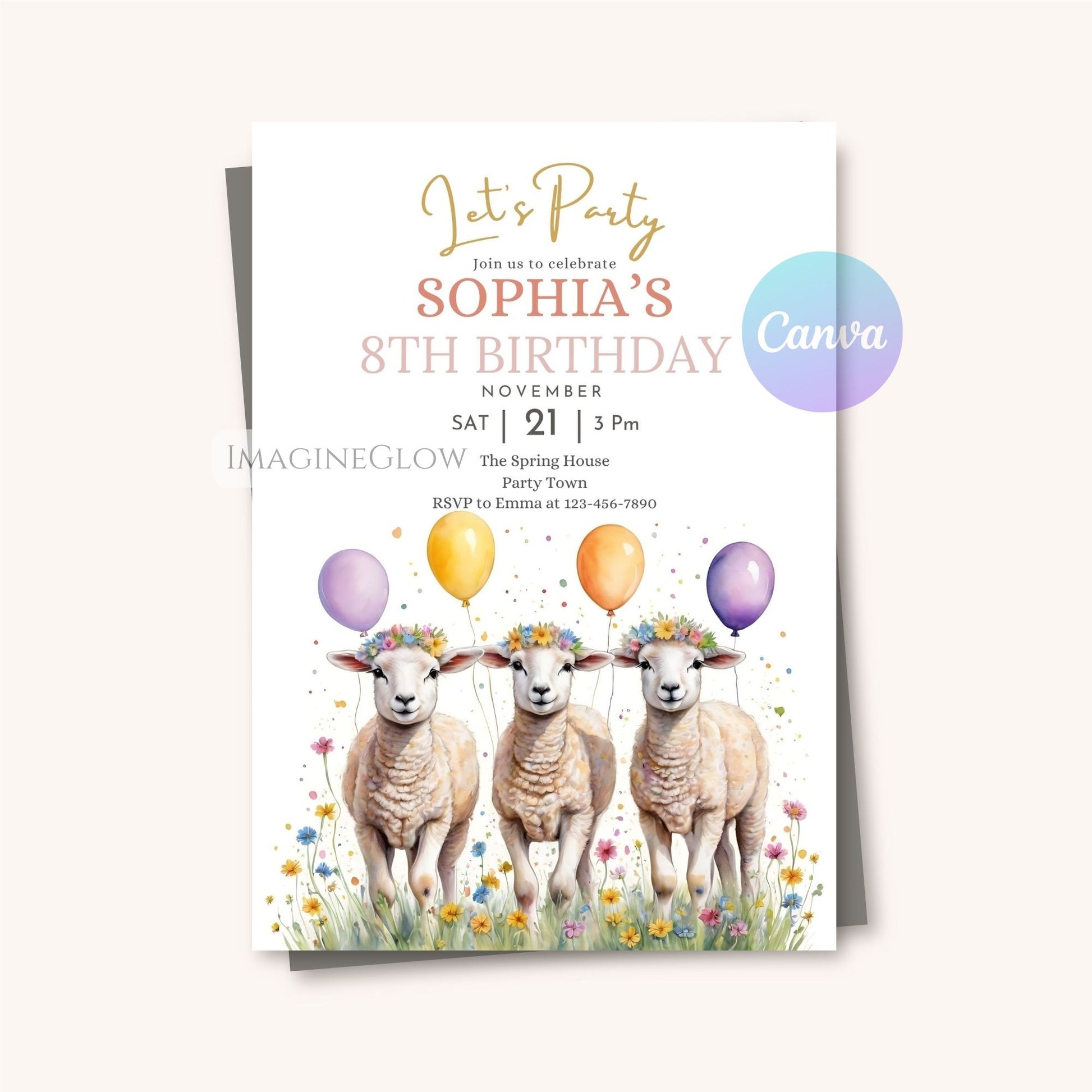 Birthday invitation card with three sheep and balloons on a white background