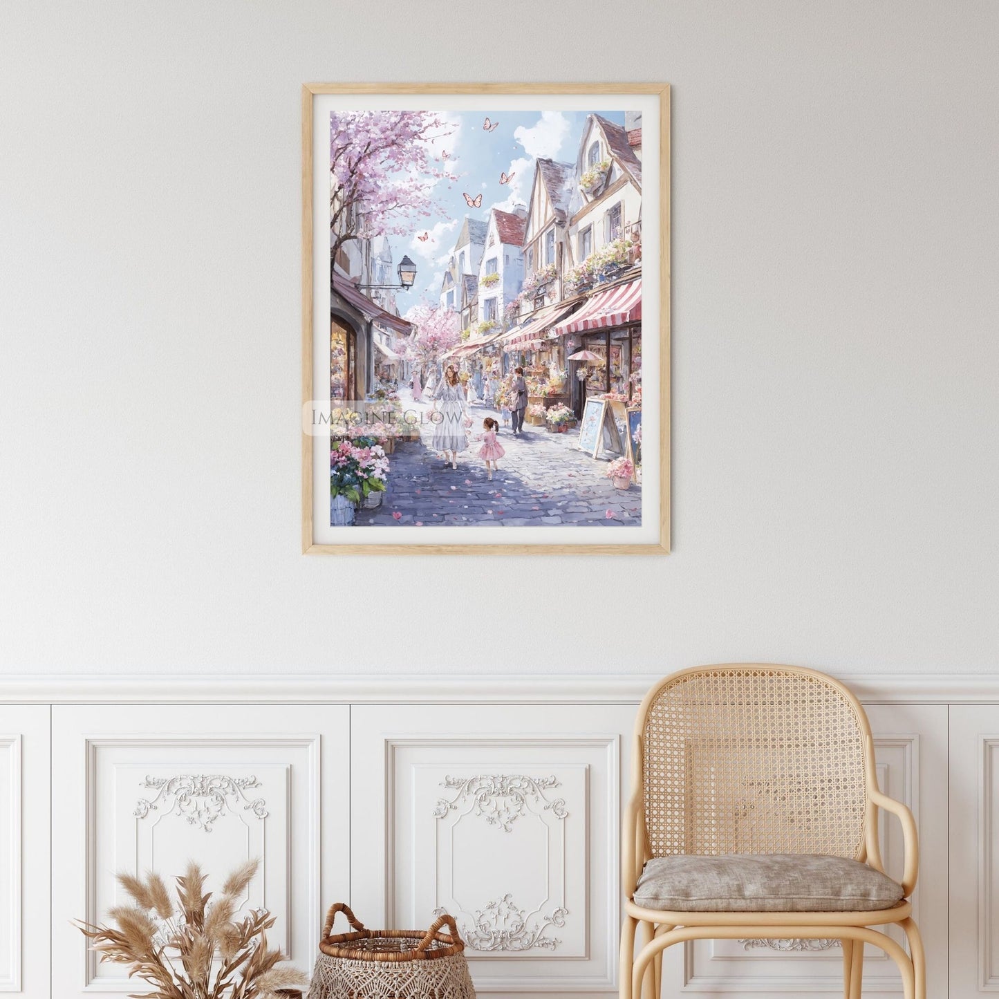 Beautiful spring scene with tulips and cherry blossoms in an old town setting.